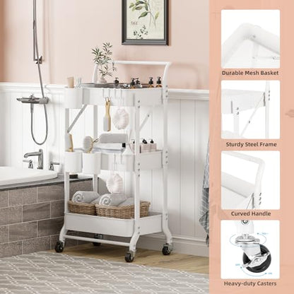 3-Tier Folding Rolling Utility Cart with Wheels, Foldable Storage Cart Organizer with 3 Hanging Cups & 6 Hooks for Kitchen, Office, Living Room, Nursery(White) - color: White