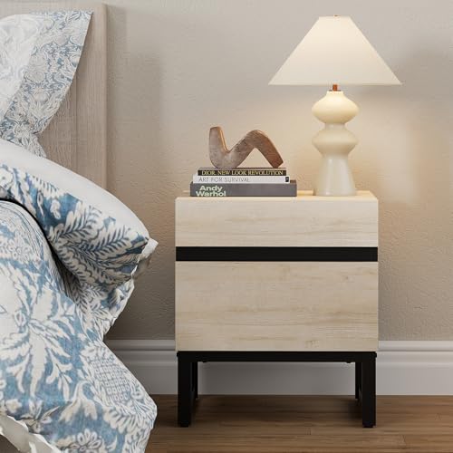 WAMPAT Modern End Table with 2 Drawers, Farmhouse Sofa Table Featuring Black Square Iron Legs, Rustic Wood Side Table for Living Room or Nightstand for Bedroom, Light Oak - color: Light Oak