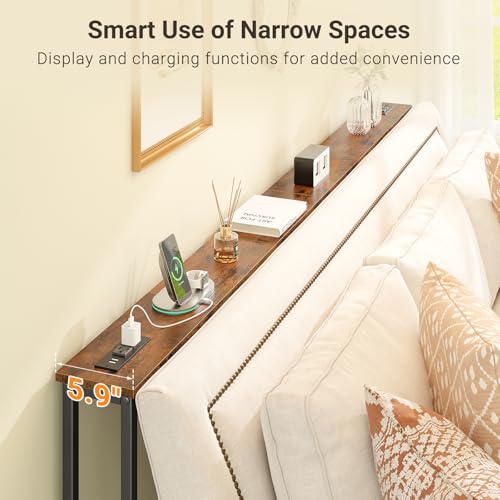 ELYKEN 39.4'' Narrow Console Table with Outlet, Sofa Table Behind Couch | Skinny Entryway Tables with Charging Station for Living Room, Hallway, 5.9 x 39.4 x 29.5in, Rustic Brown - color: Rustic Brown, size: 5.9"DX39.4"WX29.5"H