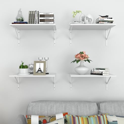 Deep Floating Wall Shelves - 4 Sets of 12 Inch Wide White Wood Shelves for Bathroom, Bedroom, Kitchen, Living Room - color: White Shelves