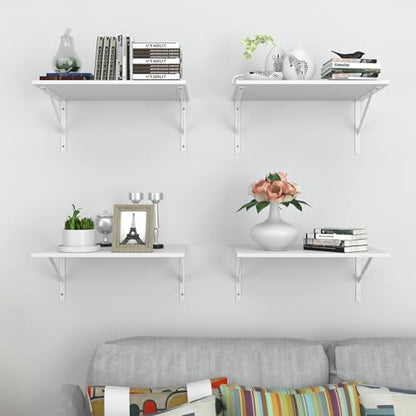 Deep Floating Wall Shelves - 4 Sets of 12 Inch Wide White Wood Shelves for Bathroom, Bedroom, Kitchen, Living Room - color: White Shelves