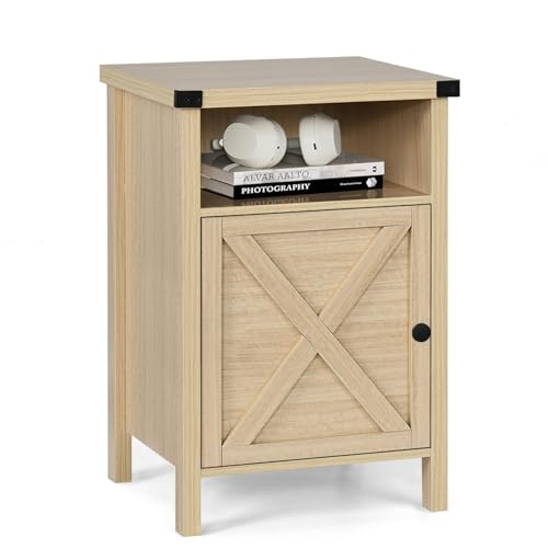 Farmhouse End Table, Side Table, Nightstang, End Table with Barn Door and Shelf, Rustic Modern Bed Night Stand for Bedroom, Living Room, Natural - color: Natural