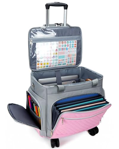 Amythe Rolling Teacher Tote Bag with Wheels, Rolling Briefcase for Women, 15.6 Inch Laptop Bag, 5-Wheel Rolling System with Detachable Trolley for Work, Teaching and Travel - color: Grey Pink