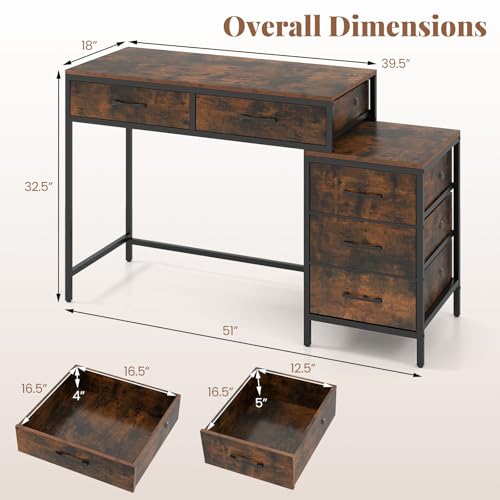 Tangkula Reversible Computer Desk, Industrial Style Writing Study Table | 51” Home Office Desk with Drawers & Printer Stand, Laptop PC Workstation for Bedroom Small Spaces - color: Rustic Brown