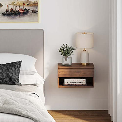 Nathan James Jackson Wall Mounted Floating Bedroom Nightstand with Storage Drawer and Modern Open Shelf Cubby, Dark Brown Walnut - color: Brown Walnut, size: 1