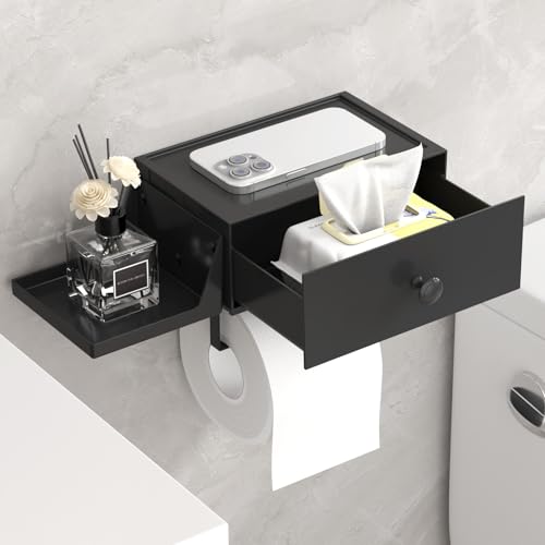 Lifewit Plastic Toilet Paper Holder with Shelf and Drawer, Screw or Adhesive Wall Mount Tissue Roll Storage, Sturdy Bathroom Wipes Dispenser Organizer, Black, 1 Pack - color: Black