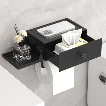 Lifewit Plastic Toilet Paper Holder with Shelf and Drawer, Screw or Adhesive Wall Mount Tissue Roll Storage, Sturdy Bathroom Wipes Dispenser Organizer, Black, 1 Pack - color: Black