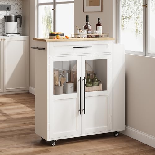 Garvee 36 in Kitchen Island Cart with Solid Wood Top - Farmhouse Mobile Storage Cart with Drawer, 3-Tier Shelves & Locking Wheels for Small Kitchens (White & Natural)
