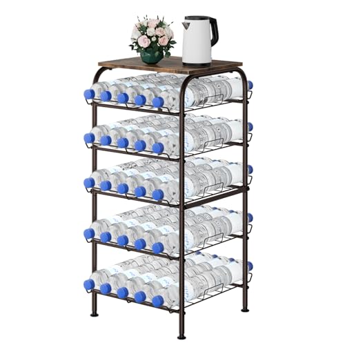 smusei Water Bottle Organizer 5 Tier Free Standing Water Bottle Holder Rack Large Capacity Bottled Water Storage Rack Metal Soda Can Beverage Drink Stand Shelf for Kitchen Pantry Office, Brown - color: Rustic Brown, size: 5 Tier