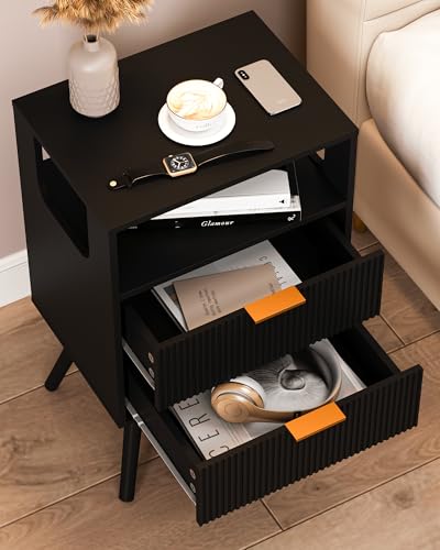 Leomonio Black Nightstand,Modern Bedside Table with 2 Storage Drawer and Open Wood Shelf, for Bedroom and Small Spaces,Night Stand with Solid Wood Legs - color: Black