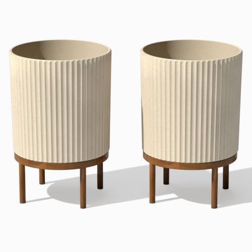 Veradek Demi Series Raised Planter - Round Planter with Stand | Made From a Durable Plastic-Stone Composite & Comes With Wooden Stand. Modern Porch/Patio Décor - color: Sand/Brown, size: 16 inch - 2 Pack