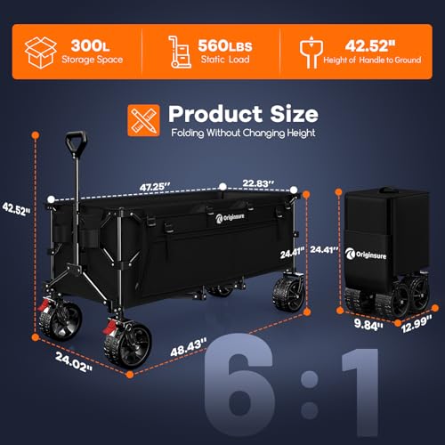 Originsure 300L Collapsible Beach Wagon Cart with Big Wheels, 560lbs, Black | 48" Foldable Utility Wagon,7" All-Terrain Wheels,Heavy Duty Frame,Compact&Space-Saving,for Camping,Sports,Grocery,Garden - color: A-black
