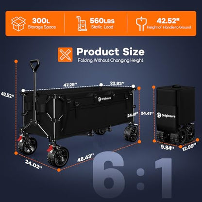 Originsure 300L Collapsible Beach Wagon Cart with Big Wheels, 560lbs, Black | 48" Foldable Utility Wagon,7" All-Terrain Wheels,Heavy Duty Frame,Compact&Space-Saving,for Camping,Sports,Grocery,Garden - color: A-black