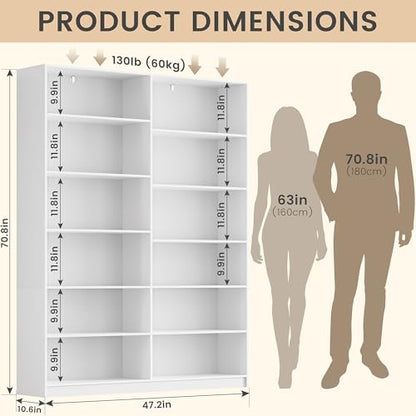 White Bookcase with 24 Open Shelves, 6 Tier Large Bookshelves, 70.8 Inch Tall Bookshelf and Bookcases for Living Room, Bedroom, Home Office Library - color: White, size: Wide 47.2 Inch-2pc