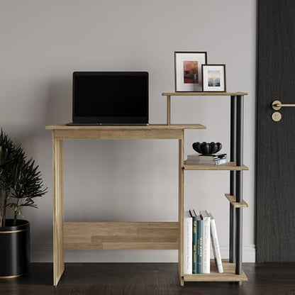 Elegance Writing Desk with Multi-Tier Open Shelves, Study Computer Desk for Home Office, Natural Oak - color: Natural Oak