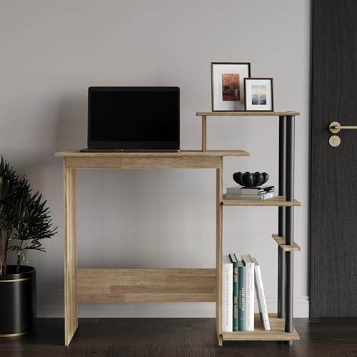 Elegance Writing Desk with Multi-Tier Open Shelves, Study Computer Desk for Home Office, Natural Oak - color: Natural Oak