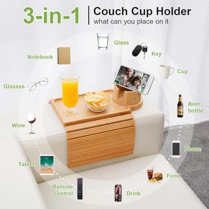 Couch Cup Holder - 3 in 1 Sofa Arm Tray with 360° Rotating Cup Holder & Phone Stand,Arm Chair Rest Table Fits Various of Large Width Couches Armrest,Anti-Slip Foldable Couch Tray for Drinks - color: Natural