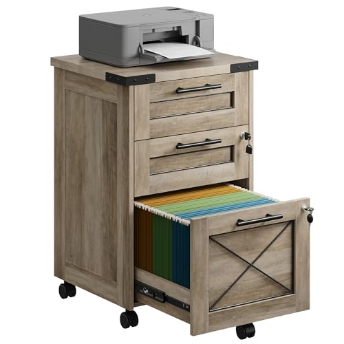 DEVAISE 3-Drawer File Cabinet with Hanging Files, Mobile Rolling Storage Cabinet for Home Office, Printer Stand, Farmhouse Style, Gray Oak - color: Gray Oak, style: 3 Drawer