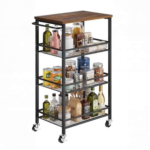 Pipishell Metal 4 Tier Laundry Storage Cart with Wheels, Handle & Wood Top | 10.83" Wide, Larger Storage Spaces, Rust-Resistant Steel, Ventilated Mesh, Anti-Fall Crossbars, 44 lbs Weight Capacity - size: 10.8 in