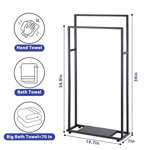 39'' Tall Towel Racks for Bathroom, 2 Tier Towel Rack Stand with Storage Shelves, Free Standing Drying Rack for Outdoor, Black, ALHAKIN