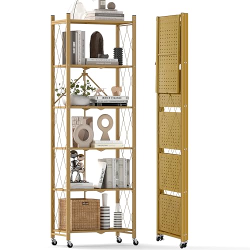 DEANIC 6-Shelf Folding Bookcase with Wheels, Heavy Duty Storage Shelves, Freestanding Metal Wire Shelving Unit for Living Room, Office, Kitchen, Basement, Pantry (Gold) - color: Gold, size: Compact 6 tier
