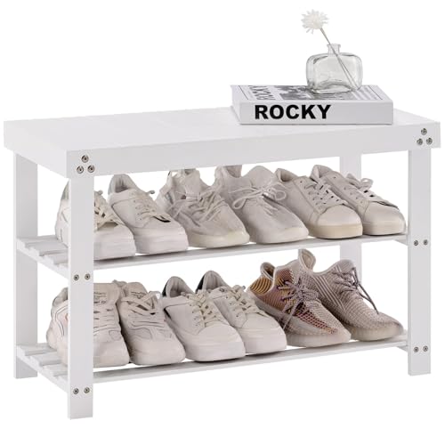 Apicizon Bamboo Shoe Rack for Entryway, 3-Tier Shoe Rack Bench for Front Indoor Entrance, Small Shoe Organizer with Storage, White - color: White, size: 27.6 Inches No Cushion