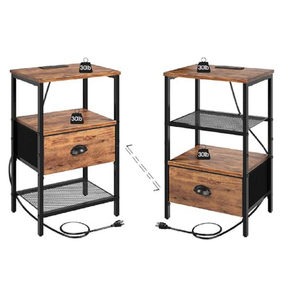 sthmec Nightstands Set of 2, Night Stands with Charging Station and Fabric Drawer, Bedside Tables with Drawers, 2- Tier Side Table with Open Shelf, Nightstands with Charging Station,Rustic Brown - color: Rustic Brown, style: Power