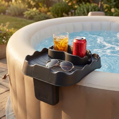 Hot Tub Table Tray Fits Width 6.7-7.8in Inflatable Spa/Pool,Gray | Foldable Hot Tub Side Table,Drink Caddy with 2 Cup Holders and Drain Holes,Non-Slip Rubber for Drinks,Phones & Snacks ﻿ - color: Gray