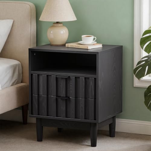 Fluted Nightstand, 19" Wide Night Stand with Solid Wood Legs, Open Storage Shelf, Mid Century Modern Wooden Bedside Table for Bedroom, Bed End Side Table, Black - color: Fc-black, size: 1 PCS