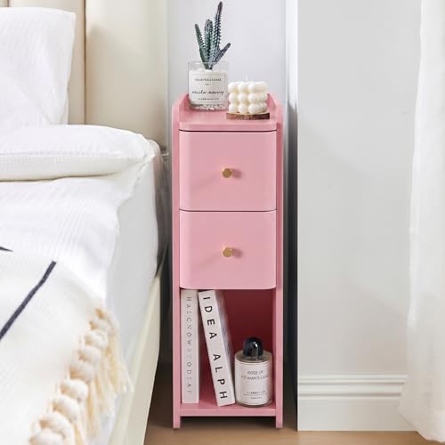 Pink Narrow Nightstand, Wooden Small 2 Drawer Nightstand, Slim Side End Table, Skinny Bedside Table, Mid Century Modern Night Stand with Drawers, for Living Room (Pink-1 pc) - color: Pink-1 Pc