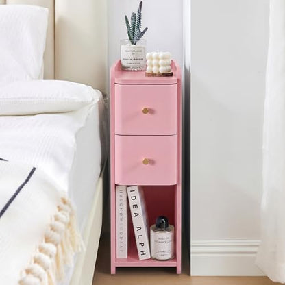 Pink Narrow Nightstand, Wooden Small 2 Drawer Nightstand, Slim Side End Table, Skinny Bedside Table, Mid Century Modern Night Stand with Drawers, for Living Room (Pink-1 pc) - color: Pink-1 Pc