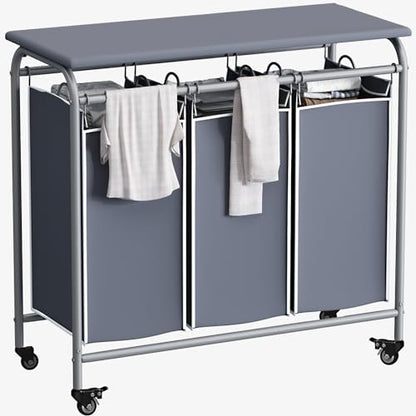 LINZINAR 3-Bag Laundry Hamper with Ironing Board, Grey 135L Laundry Sorter | Laundry Room Organization with Heavy Duty Rolling Lockable Wheels and Removable Bag, Bedroom Laundry Cart for Clothes Storage - size: 3 Bags Grey with Board