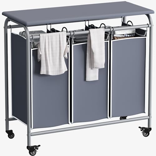 LINZINAR 3-Bag Laundry Hamper with Ironing Board, Grey 135L Laundry Sorter | Laundry Room Organization with Heavy Duty Rolling Lockable Wheels and Removable Bag, Bedroom Laundry Cart for Clothes Storage - size: 3 Bags Grey with Board