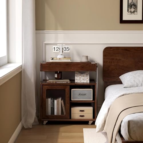 Solid Wood Side Table for Living Room, Bedroom, Walnut | Movable, Flip Top, 7 Angle Adjustment, Ample Storage - color: Walnut