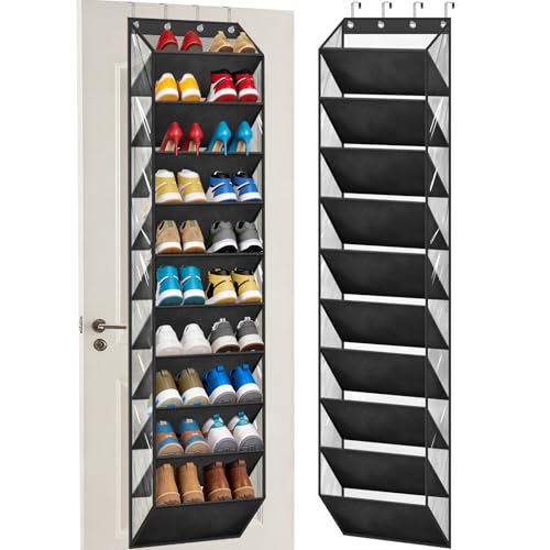 AOODA 10 Tier Clear Over the Door Shoe Organizer Storage, Deep Pockets Large Hanging Shoe Rack for Closet Door, Fit 20 Pairs Shoe Holder Hanger for Sneakers, Boots (Black) - color: Black, size: 71"