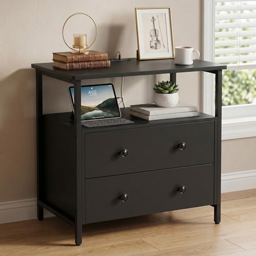 Edbuosy 27 inch Wide Night Stand with Charging Station, Bedside Table with Open Shelf, 2 Drawers Small Wood Dresser, Modern Wood Nightstand for Bedroom/Living Room, Black - color: Black, size: 27"W-2 Drawers