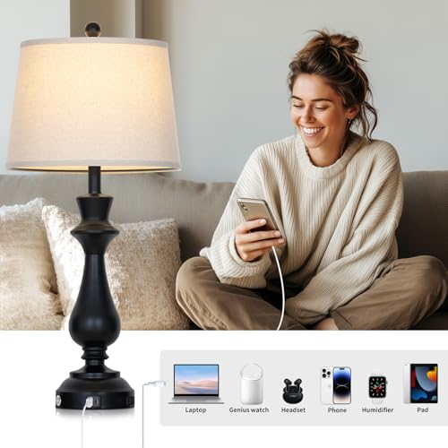 Touch Lamps for Night Stands Set of 2-29.5" Tall Bedside Lamp with USB C+A, 3 Way Dimmable Bedroom Lamps, Black Metal Table Lamps for Living Room - color: Black