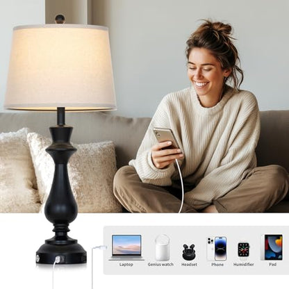 Touch Lamps for Night Stand - 29.5" Tall Bedside Lamp with USB C+A, 3 Way Dimmable Bedroom Lamps, Black Metal Table Lamps for Living Room,Single Black - color: Black-1P