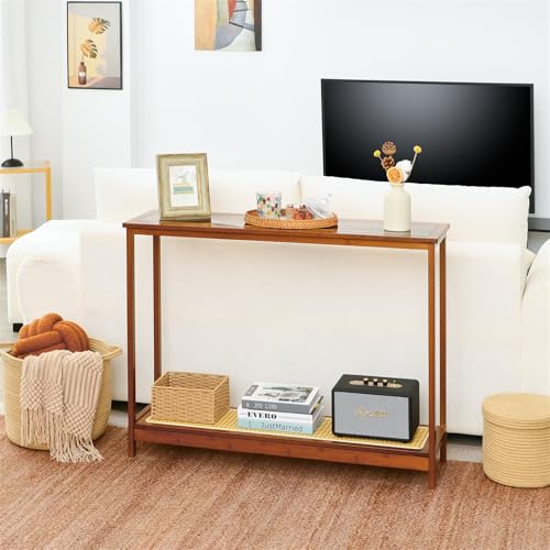 Bamboo Narrow Console Table, 39.4"(L) Wood Small Entryway Table with Rattan and Glass, Accent Slim Hallway Tables, Thin Sofa Side Tables for Hallway, Living Room, Bedroom, Foyer, Walnut - color: Walnut 39.4"(l)