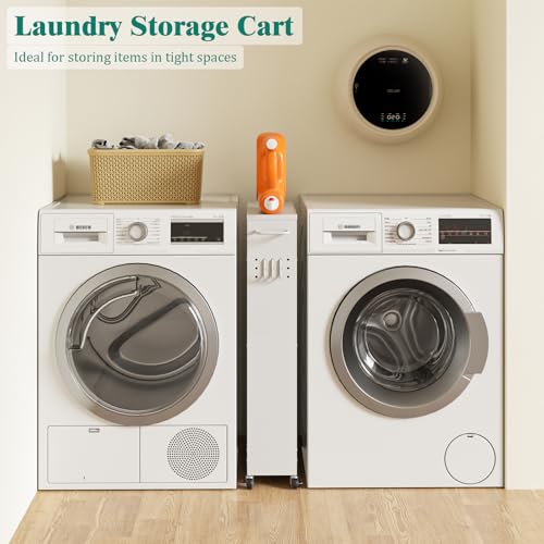 XYZLVSI Slim Storage Cart, Narrow Kitchen Rolling Cart for Small Spaces | 5.9" W skinny storage cart, 12.4" bottom metal utility cart with 360° swivel wheels for bathroom/laundry, slim shelf, white - size: 5.9IN-White