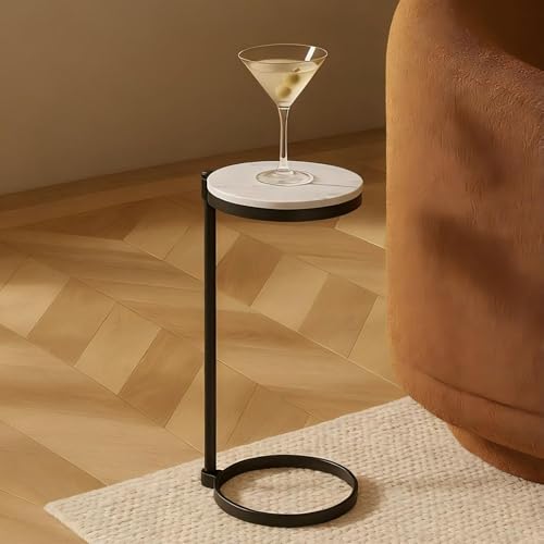 TEHOME Black Marble Drink Table Metal Martini Round Small Drink Side Table for Couch Marble C Shaped End Table for Sofa 10" diam,24.55" h - color: Black With Marble Top
