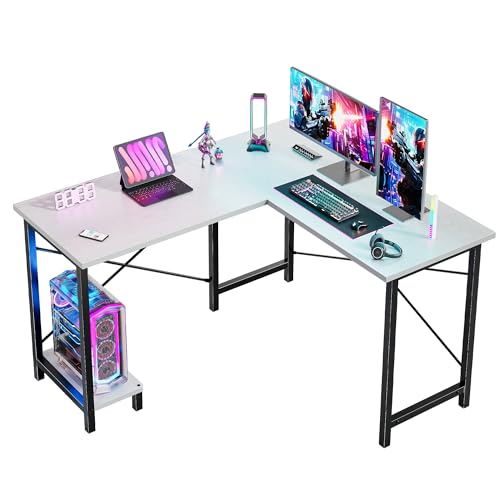 DUMOS 50-Inch Reversible L Shaped Desk with CPU Shelf, White | Computer Desk with Sturdy Metal Frame, Corner Gaming Desk, Home Office Desk for Study, Writing and Work, Sturdy Modern Design - color: White