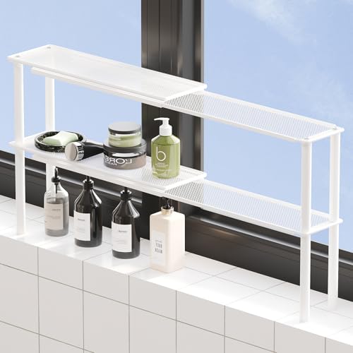 Expandable Window Shelf for Plants Kitchen Sink Organizer Stackable Narrow Shelves Kitchen Countertop Holder Mesh Design (2, White)