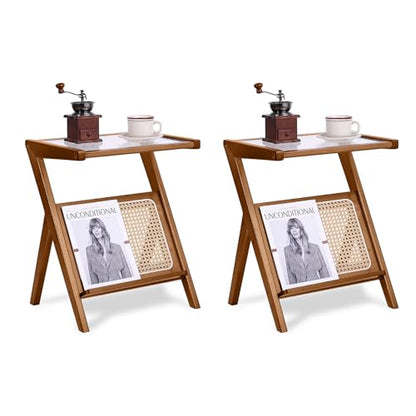 Tiita 2 Pack Rattan Side Table, Mid Century Nightstand, Bamboo Accent Bedside Tables, Glass Coffee Tables, Boho Wooden End Table with Storage for Small Space, Living Room and Bedroom - color: 2 Pack Rattan-s-brown