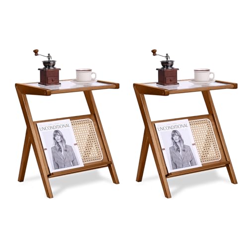 Tiita 2 Pack Rattan Side Table, Mid Century Nightstand, Bamboo Accent Bedside Tables, Glass Coffee Tables, Boho Wooden End Table with Storage for Small Space, Living Room and Bedroom - color: 2 Pack Rattan-s-brown