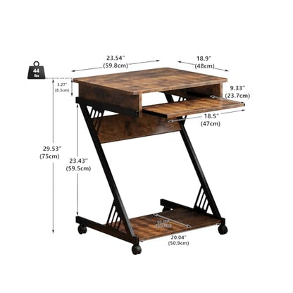 Zenira 24-Inch Small Computer Desk, 30-Inch Tall with Drawers, Corner Desk with Wheels for Gaming, Bedroom, Home, Office - Brown