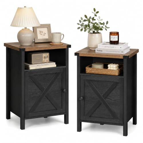 Farmhouse End Table, Nightstand with Barn Door and Shelf,Set of 2,Black | End Tables,Wooden Sofa Side Table, Modern Bed Side Table Rustic Nightstands, Bedroom, Living Room - color: Black
