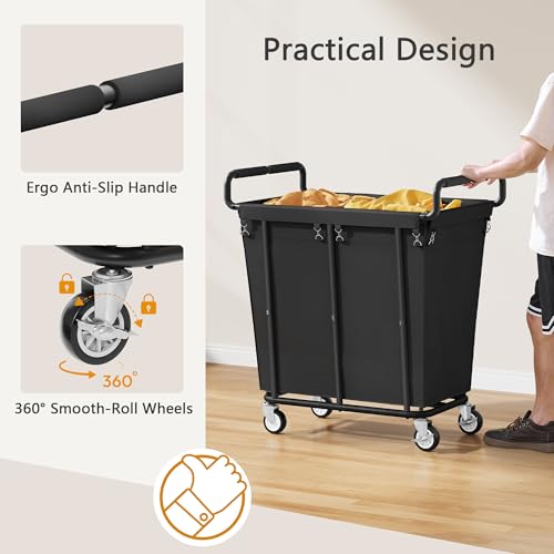 Gewudraw Medium Laundry Hamper with Wheels, 250L, Black | Rolling Laundry Basket, Heavy Duty Rolling Laundry Cart with Handle, Steel Frame, Waterproof Liner, 66 Gallons - color: Black, size: 1-Section-250L