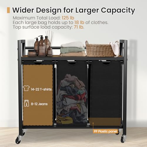 SwaaVee Laundry Sorter, Laundry Hamper 3 Section, 3×11.4Gal, Metal Frame Rolling Laundry Basket with Wooden Top Shelf, Pull out and Removable Laundry Bags, 3 Bags-Black - color: Black