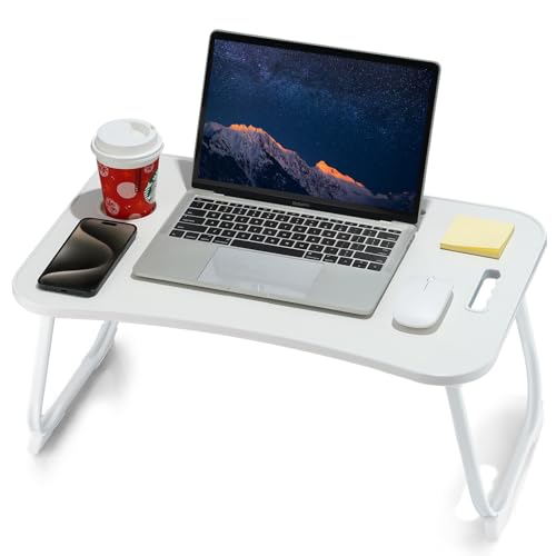 ZEAPTAC Laptop Bed Desk, Foldable Lap Desk, Portable Lap Table, Laptop Stand with Cup Holder, Tablet Slot & Lifting Handle for Work, Write, Draw & Eat on Bed, Sofa or Couch - White - color: White